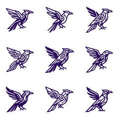 Fototapeta premium Geometric Raven Symbols Set, Stylized Birds Vector Icons