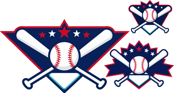 Baseball, bats, and ball vector icons, sports logo, red white blue, maple leaf