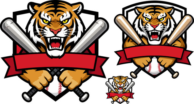 Baseball, tiger logos, sports emblems, vector icons