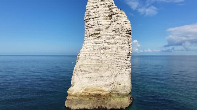 Drone flyby of the &Eacute;tretat sea stack and limestone cliffs, Normandy, France