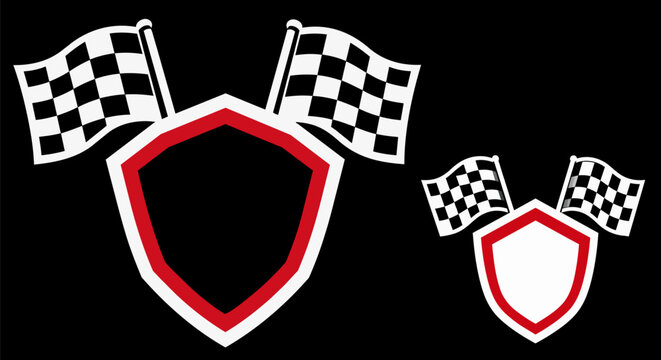 Racing shield icons, checkered flag emblems, red white black vector graphics, speed symbols