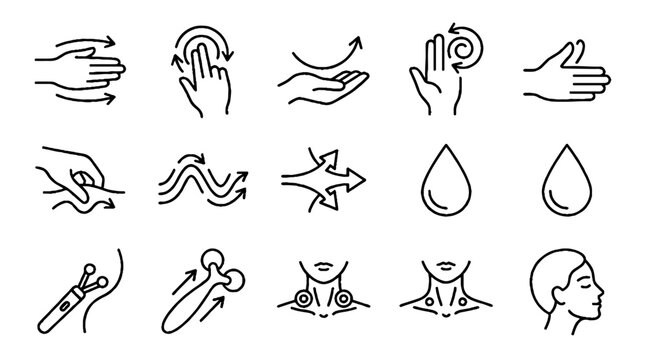 Set of skincare and facial massage treatment line icons.