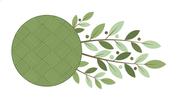 Decorative element featuring a circular green woven pattern connected to a leafy branch with berries symbolizing nature and organic textile art.