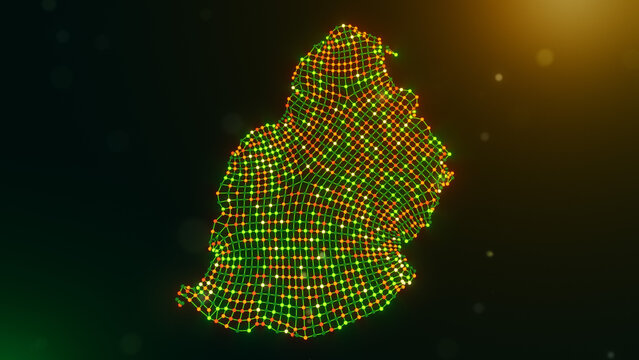 Abstract Mauritius map formed by wavy interconnected nodes and lines over a glowing green yellow orange bokeh background, symbolizing digital infrastructure and intelligent connectivity.