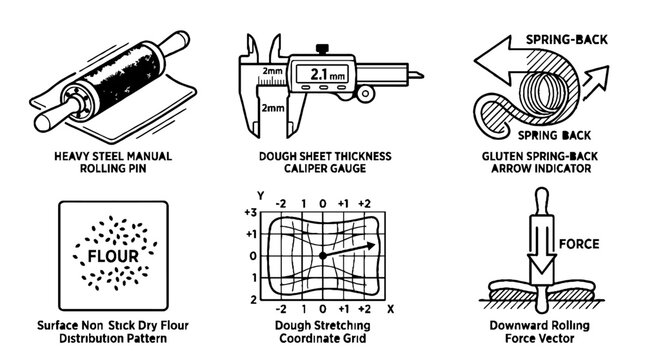 Technical illustration set showing dough preparation process and measuring tools.