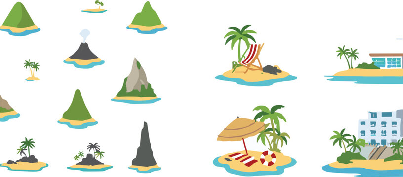 Tropical Island Landscape Vector Element Kit with Volcanic Mountains Beach Resorts Palm Trees and Vacation Assets for Map Game Graphic Designs