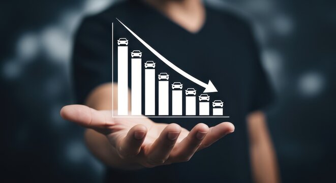 Person holding a virtual bar chart showing a downward trend of car sales in white