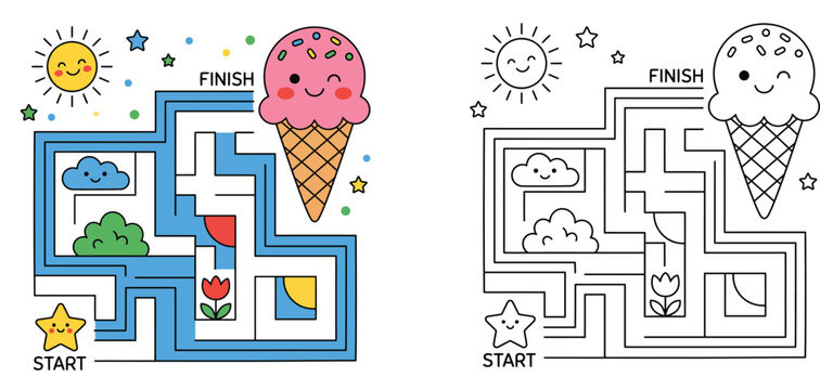 Cute summer maze game for kids with ice cream cone and smiling sun, colored vector illustration and black and white coloring page worksheet.