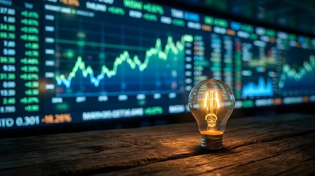 Light bulb glowing on wooden table in front of financial stock market data charts on screen.