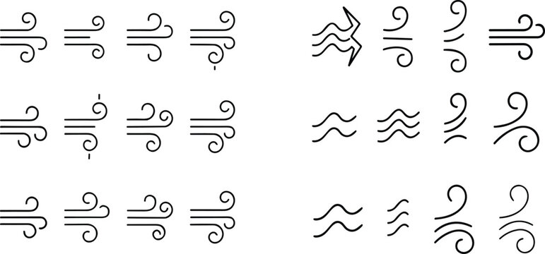 Wind and Wave Line Icon Set with Breeze Air Blow Weather and Water Flow Symbols for Website Mobile App and Graphic Design