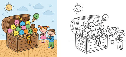 Fototapeta premium Cute cartoon treasure chest filled with ice cream cones coloring page and colored illustration for kids activity sheet, summer dessert vector drawing template