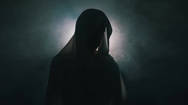 Mysterious Figure in Smoke: A silhouetted figure cloaked in shadow and fog, with a hood obscuring their face, stands enigmatically against a dimly lit background.