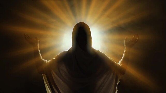 Divine Radiance: A figure clad in white, back to the viewer, arms outstretched towards a brilliant, sun-like light emanating from behind, symbolizing faith, spiritual awakening, and divine presence.