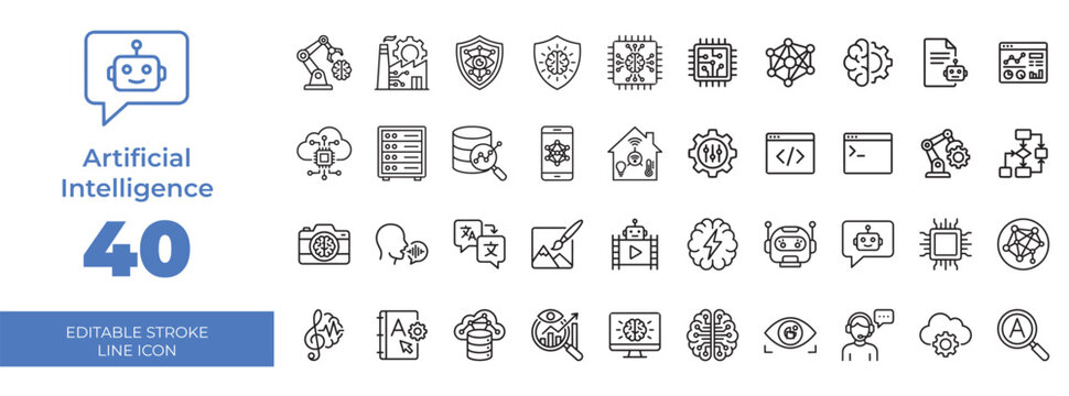 Artificial intelligence line icon set featuring 40 technology symbols, computing