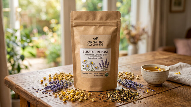 Mockup hiperrealista de una bolsa doypack kraft con cierre zip para t&eacute; ecol&oacute;gico, rodeada de hojas secas, flores de manzanilla y lavanda sobre una mesa de madera. Fondo natural desenfocado.