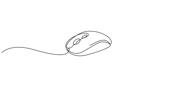Self animated continuous one line drawing of computer mouse. Full length one line 4k animation video,  Computer optical mouse tool one line art animation, hand drawn input office device, idea laptop.