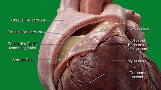 Detailed anatomical illustration of human pericardial sac with labeled serous fluid and heart structures