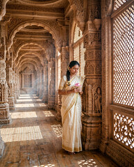Obraz premium Woman in Saree with Lotus in Ornate Temple Corridor