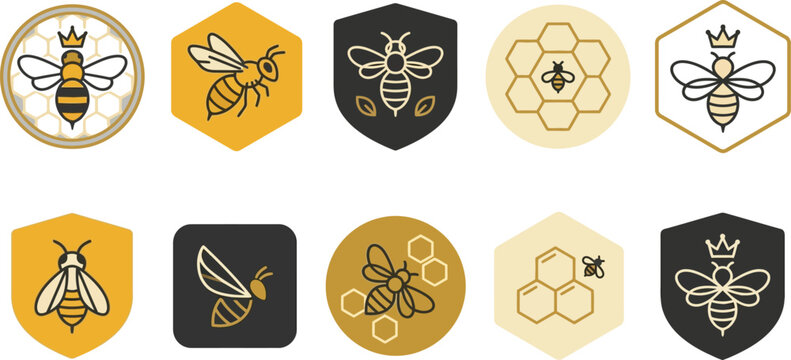 Collection of flat minimalist vector bee and honeycomb icons for honey production branding