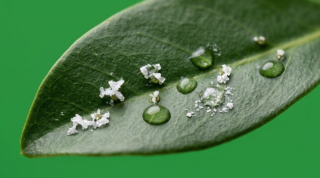 Close up of salt crystals excreted on green mangrove leaf with water droplets
