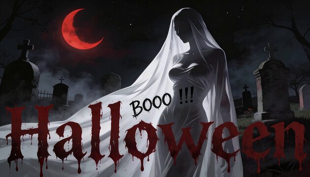 immagine di halloween con lo spettro di una donna in un cimitero in piena notte, Halloween image with the ghost of a woman in a cemetery in the middle of the night