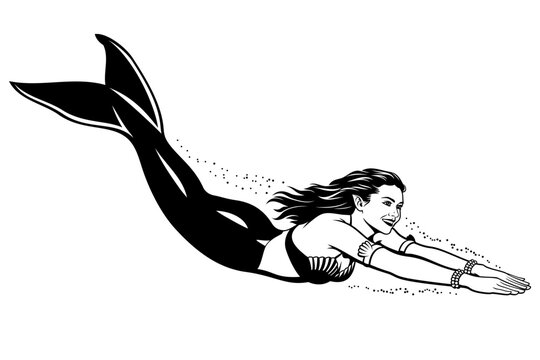 Swimming Mermaid. Black and white vector clipart.