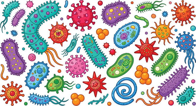 Bacteria and virus microorganism vector illustration set featuring colorful cartoon germs cells microbes bacilli isolated on white