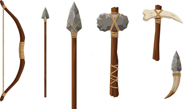 Prehistoric stone age weapon vector set featuring primitive wooden bow arrow spear stone hammer bone axe and flint dagger tool elements