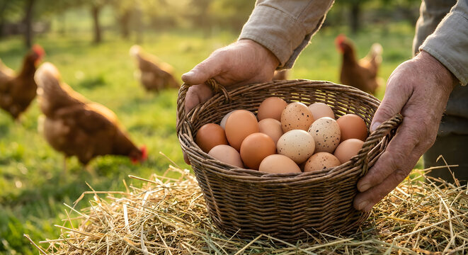 A farmer's hands hold a basket of fresh, natural eggs collected from free-range chickens on a sunny farm