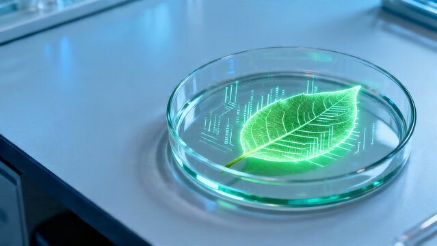 Glowing green holographic leaf inside glass petri dish