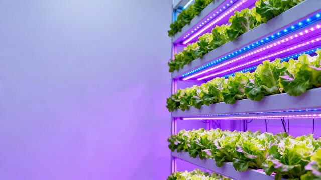 Fresh green lettuce growing under LED lights in vertical farm