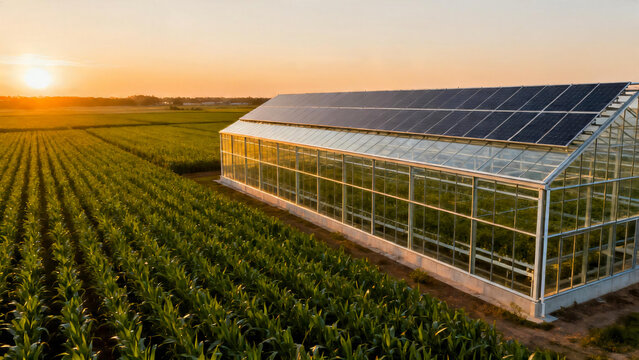 Aerial view of modern greenhouse with solar panels at sunset