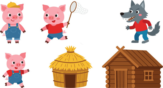 Three little pigs fairytale vector set featuring cute pink pig characters big bad wolf straw hut and wooden log cabin house elements