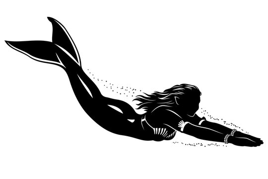 Swimming Mermaid Silhouette. Vector clipart isolated on white.
