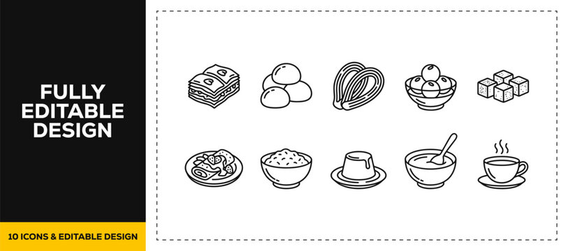 flat vector illustration line art icon bundle set design depicting traditional oriental meals delicious asian food bowls tasty dumplings and authentic restaurant menus app ui