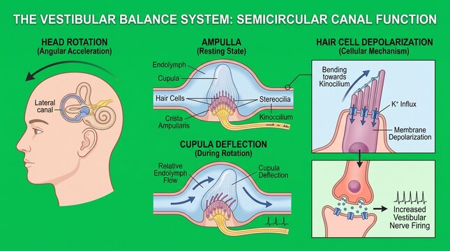 Illustration of Human Vestibular Balance System with Semicircular Canal Function and Cupula