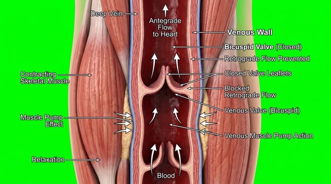 Detailed anatomical illustration of human leg venous valve structure and blood flow direction