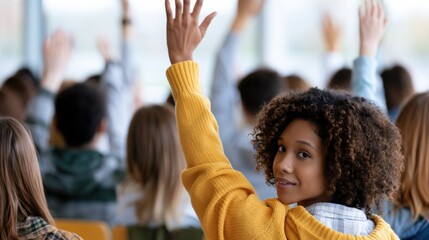 Fototapeta premium Young female student with curly hair raises hand in classroom filled with diverse classmates, engaged in learning and discussion during a lesson
