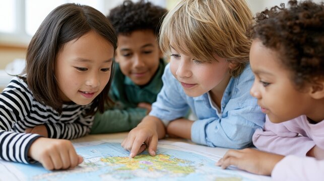 Diverse group of children studying a colorful map together, engaged in learning and exploration in an inclusive classroom environment