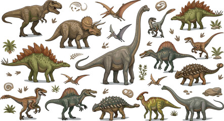 Dinosaur vector set with realistic cartoon jurassic animals triceratops tyrannosaurus rex stegosaurus brachiosaurus spinosaurus fossils isolated © Habiba