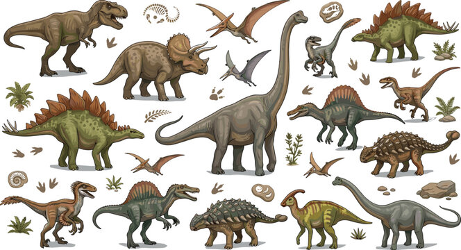 Dinosaur vector set with realistic cartoon jurassic animals triceratops tyrannosaurus rex stegosaurus brachiosaurus spinosaurus fossils isolated