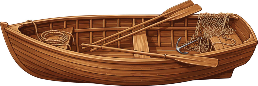 Realistic wooden rowboat vector illustration with oars fishing net anchor and rope isolated on plain white background template