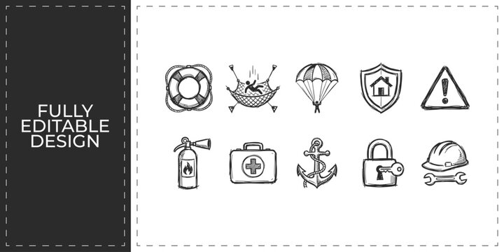 Public safety and home security hand drawn icons set featuring police badge shield and surveillance camera for protective technology and law enforcement design concept