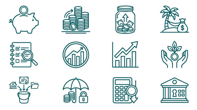 Financial Icons Set: Piggy Bank, Coins, Jar, Island, Checklist, Graph, Growth, Hands, Bucket, Insurance, Calculator, Bank