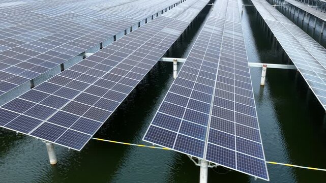 Aerial view of fishery-solar complementary photovoltaic power station on water