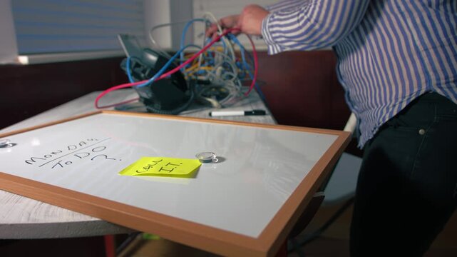 Worker with reminder note to call network technician with messy cables background