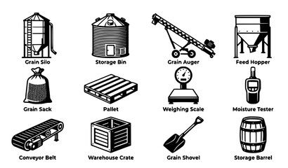 Grain Storage and Agricultural Equipment Icon Set featuring Silo, Auger, Conveyor, Weighing Scale, and Warehouse Supply Elements for Farming Designs Vector © MdShagarAli