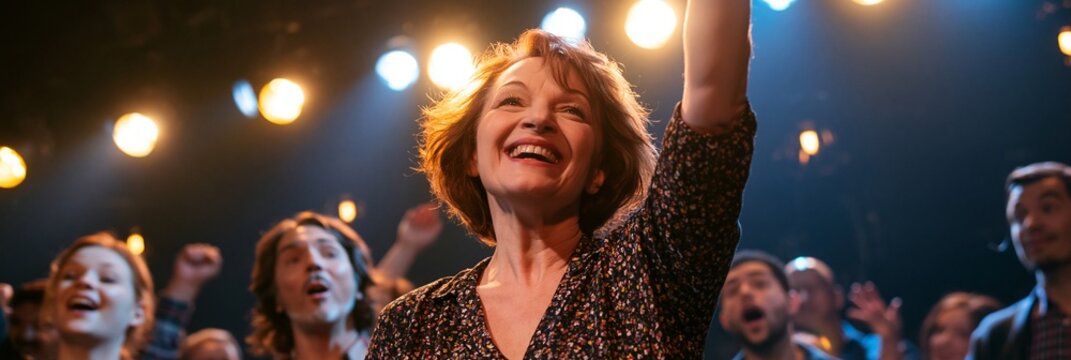 A confident middle-aged woman on a lively comedy stage raising a hand to stop a goofy sketch, surprised cast members and bright set lights around her, playful and protective mood, dynamic studio