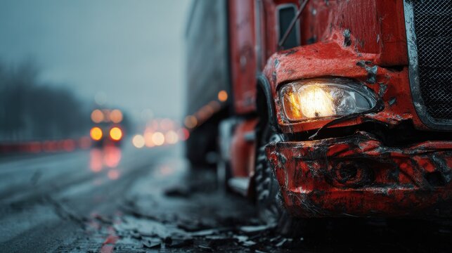 Close-up of a Severely Damaged Red Semi-Truck Front Bumper and Headlight on a Wet Road at Dusk