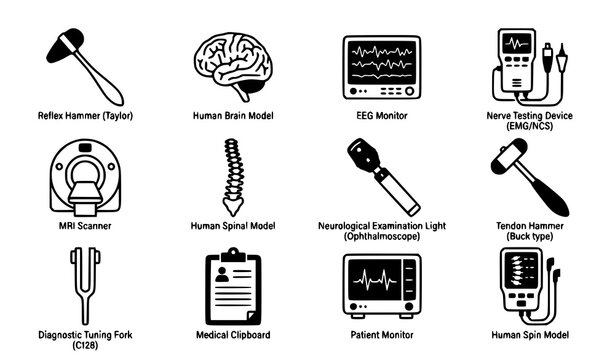 Neurological Examination and Medical Diagnostic Equipment Icon Set featuring Reflex Hammer, EEG Monitor, MRI Scanner, and Spine Model Elements Vector